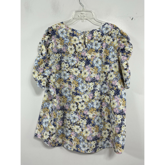 Womans Pleione Pullover Puffy Sleeve Blouse Large Pastel Floral Short Sleeve - Picture 2 of 8
